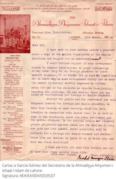 Carta a García Gómez del Secretario de la Ahmadiyya