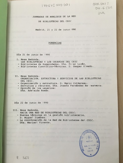 Indice I Jornadas de Análisis de la Red de Bibliotecas del CSIC