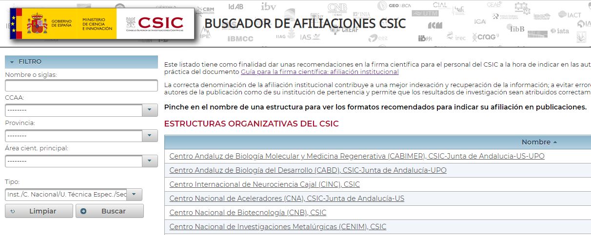 Buscador de afiliaciones CSIC