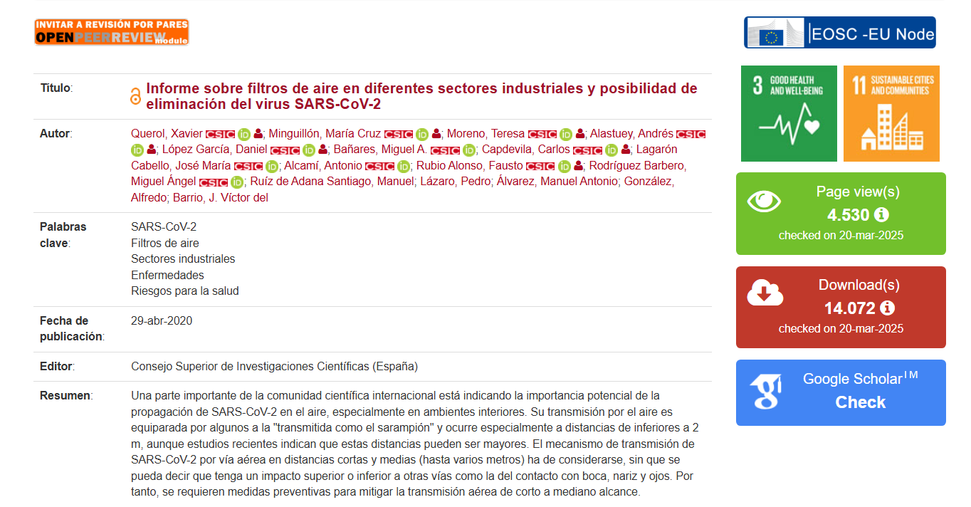 Informe sobre filtros de aire en diferentes sectores industriales y posibilidad de eliminación del virus SARS-CoV-2 